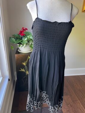 Black Smocked Midi Dress with White Floral Hem